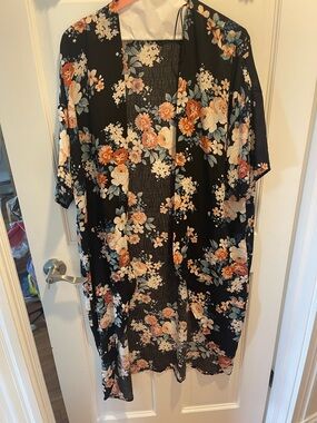 Potter's Pot Black Floral Kimono Swim Coverup with Peach and Cream Blooms